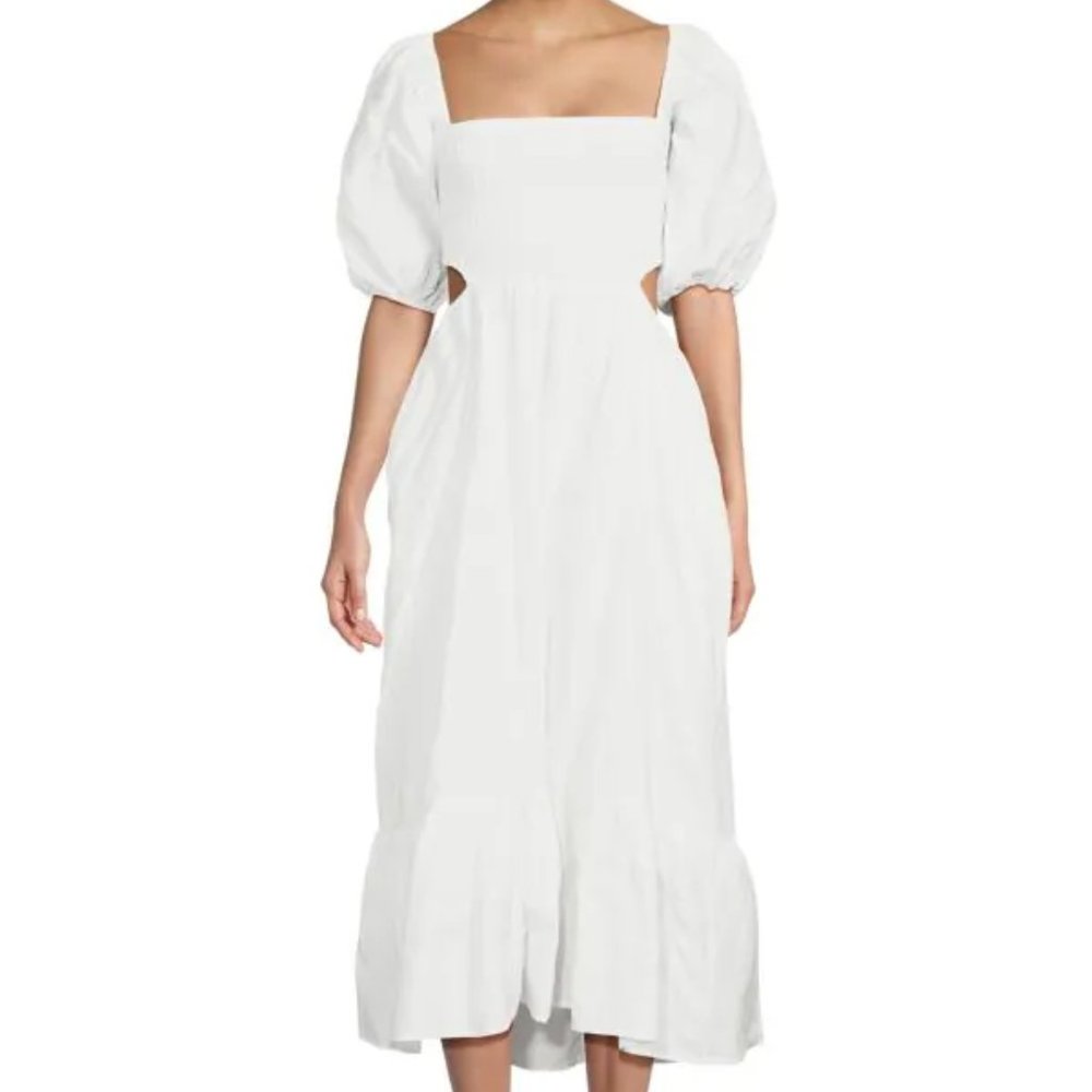 CAARA Leighton Smocked Cutout Midi Dress Small White New with Tags